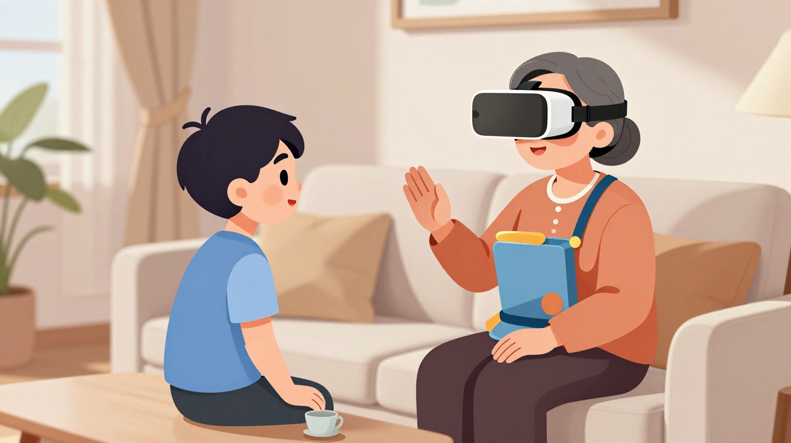 Conceptual image of a Chinese senior connecting with family via VR technology at home