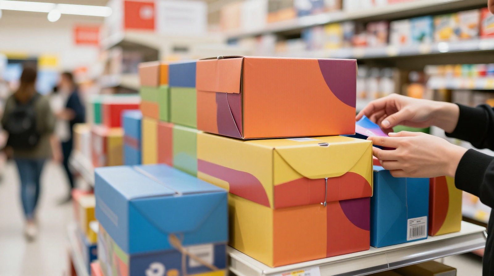 Colorful blind box toy packaging displayed on shelves in a Chinese retail store