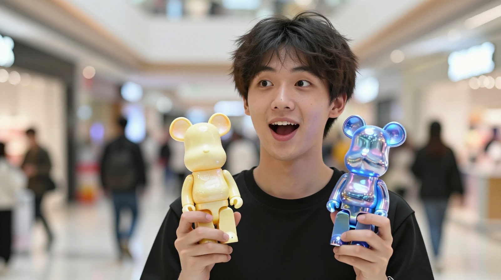 A Chinese teenager excitedly showing off collected blind box figures after unboxing