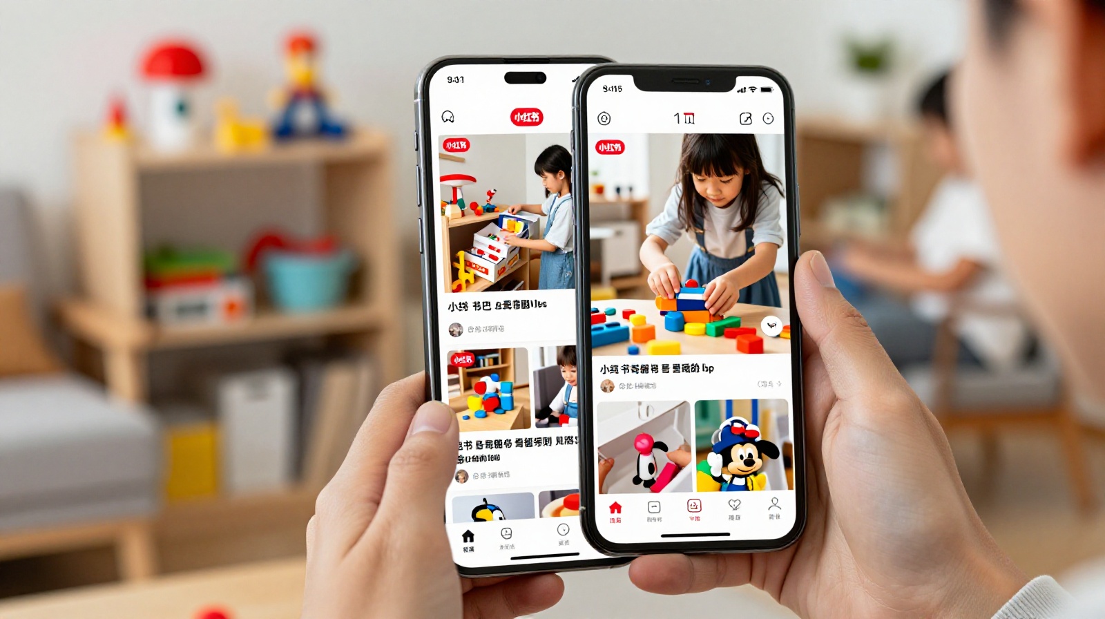 Smartphone displaying social media content about blind box collections in a modern apartment