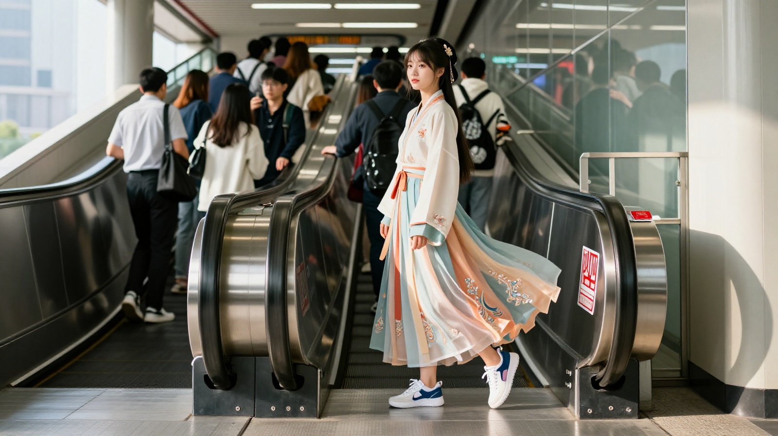 Young Chinese woman in modernized Hanfu traditional clothing riding the subway in Shanghai