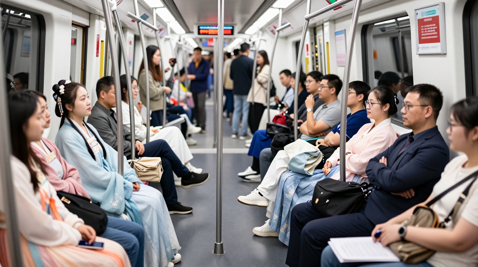 Diverse group of commuters including people in Hanfu on a Beijing subway train
