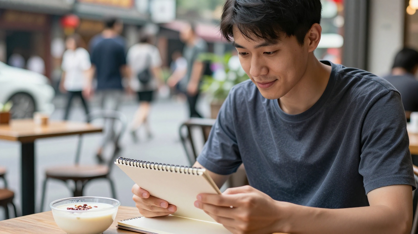 Young Chinese man relaxing at an outdoor cafe with a sketchbook and soy milk