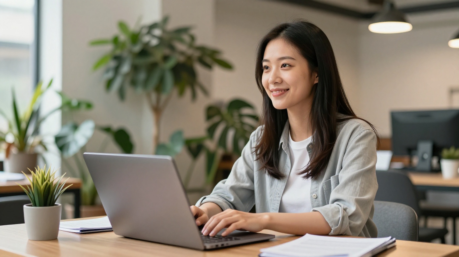 Young female freelancer working happily in a bright co-working space