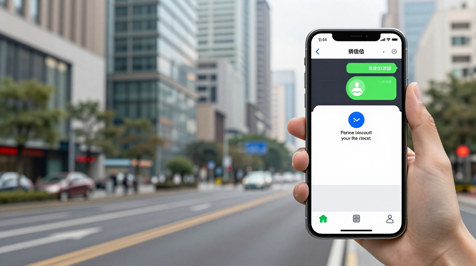 A smartphone displaying the WeChat app interface with a payment success message in front of a busy Chinese city street background