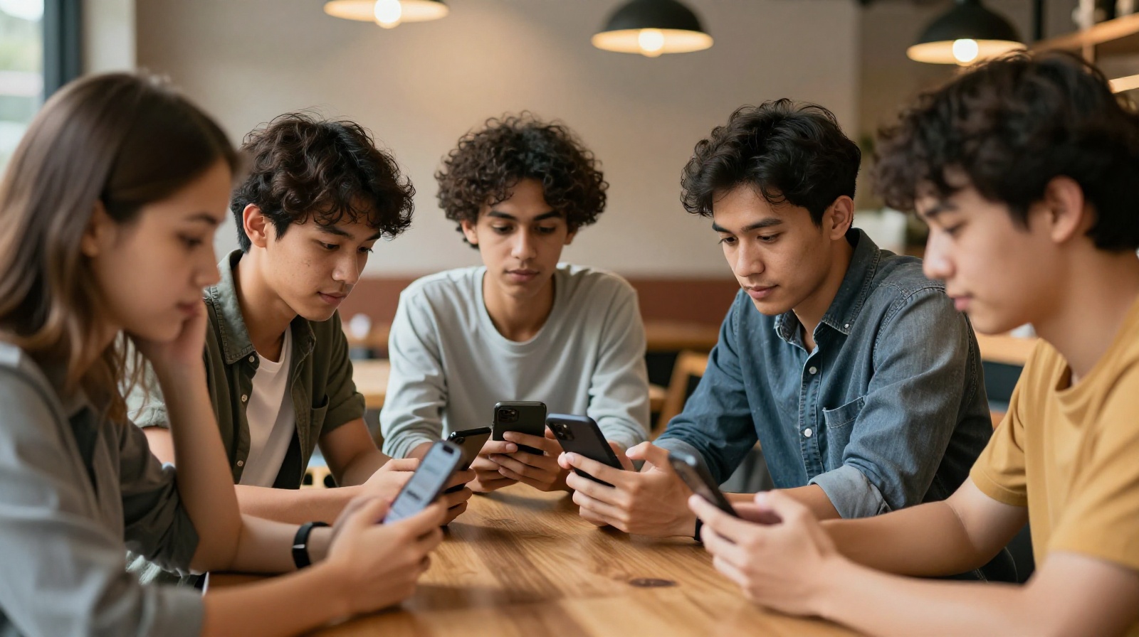 People using WeChat in a modern Chinese cafe setting for communication and group coordination