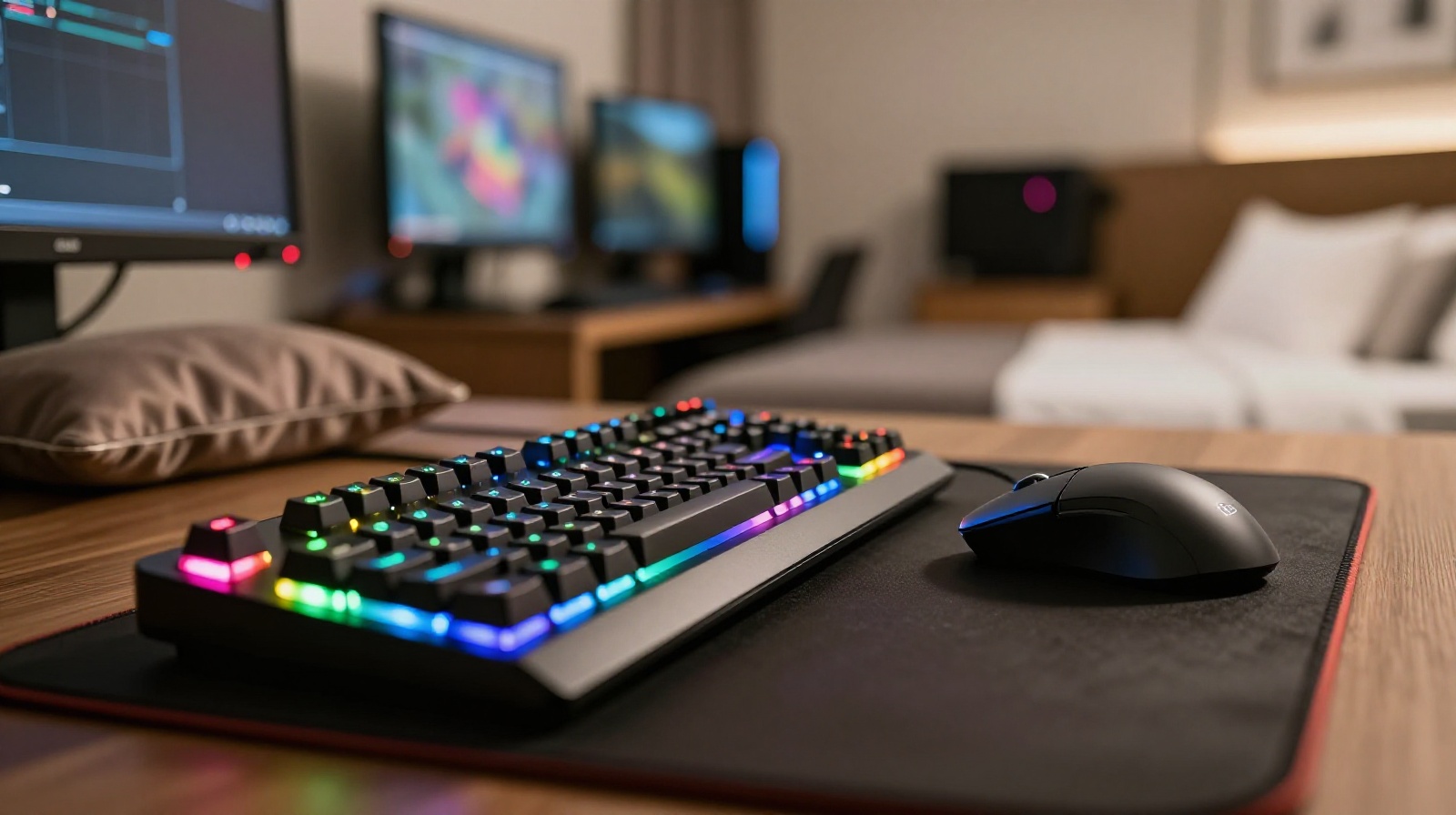 A close-up view of a mechanical gaming keyboard with colorful RGB lights and a computer mouse on a desk in a modern E-sports hotel room, with a comfortable bed visible in the soft-focus background.