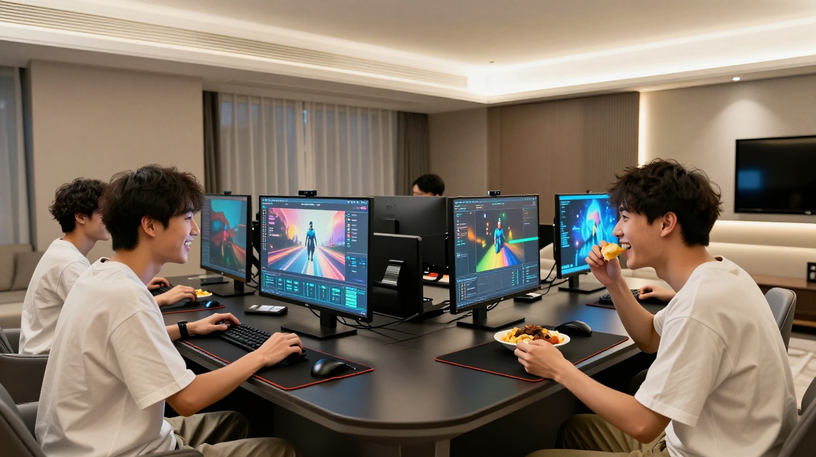 A group of four young Asian men socializing and gaming together in a private E-sports hotel suite, enjoying food delivery at night.