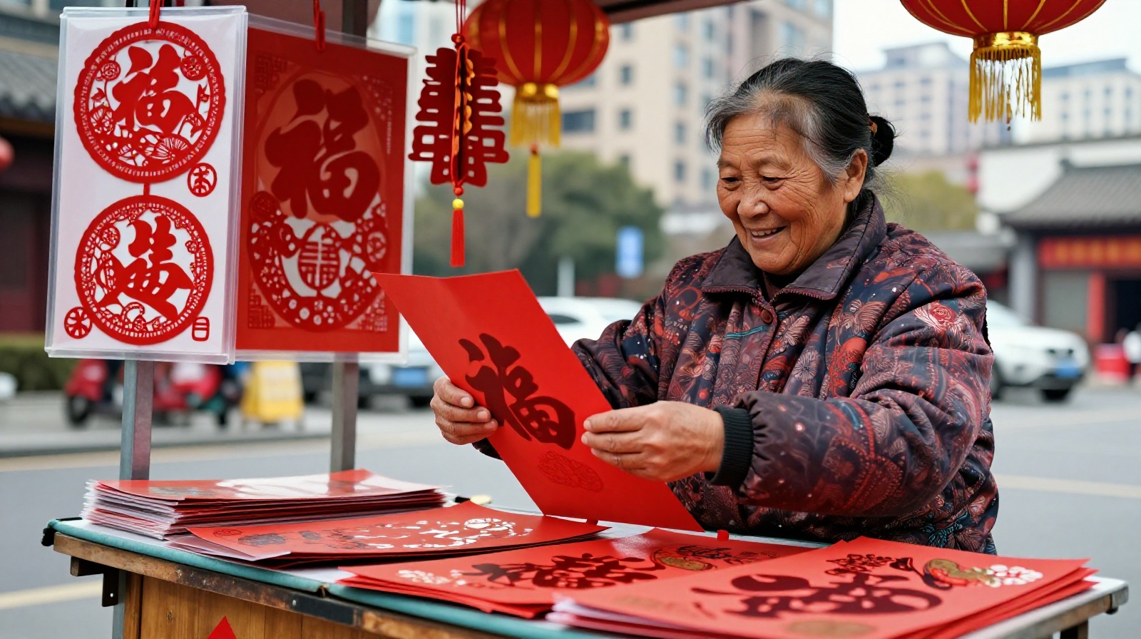 Elderly Chinese woman arranging red lanterns and paper cutouts on a street vendor cart in a modern urban setting