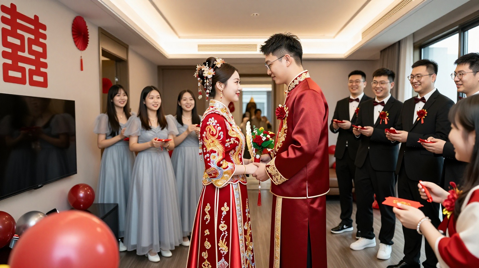 Chinese couple at their wedding, bride in traditional red embroidery dress, groom in red suit
