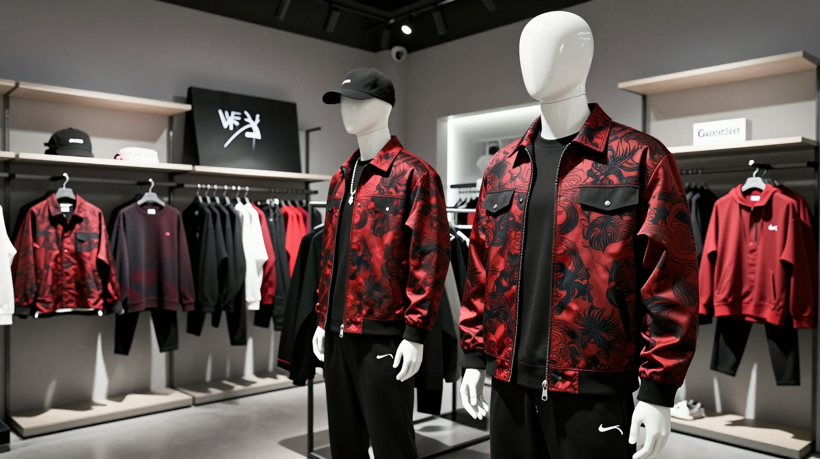 Modern clothing store displaying Guochao streetwear fashion with red and black designs