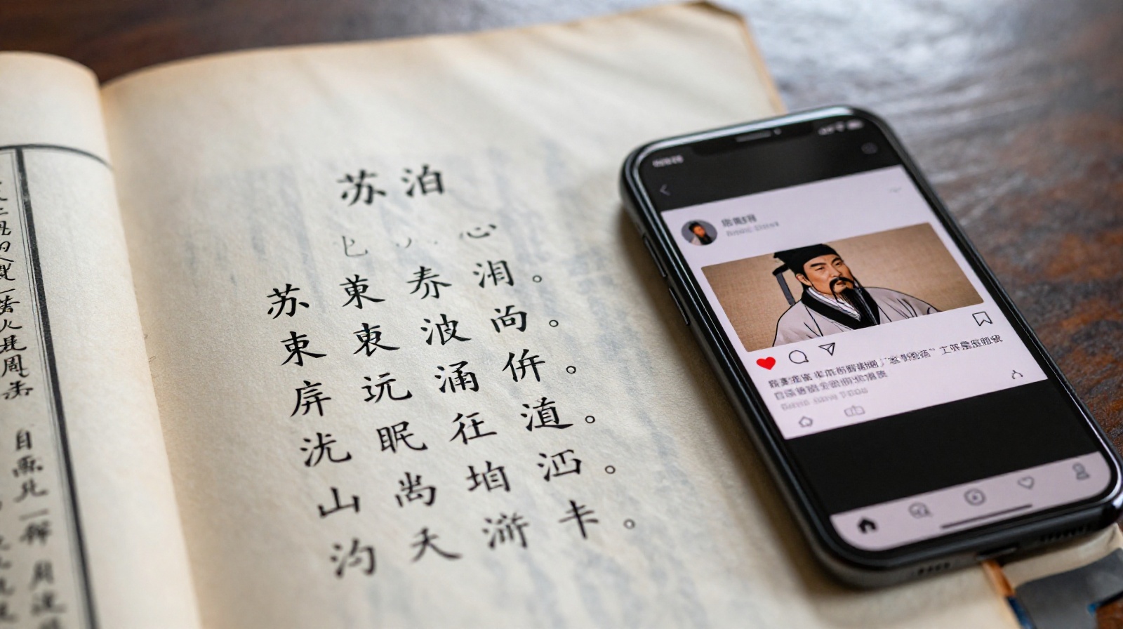 A close-up view of a traditional Chinese poetry book open next to a modern smartphone showing an article about Su Dongpo's life philosophy on a desk in a Shanghai office