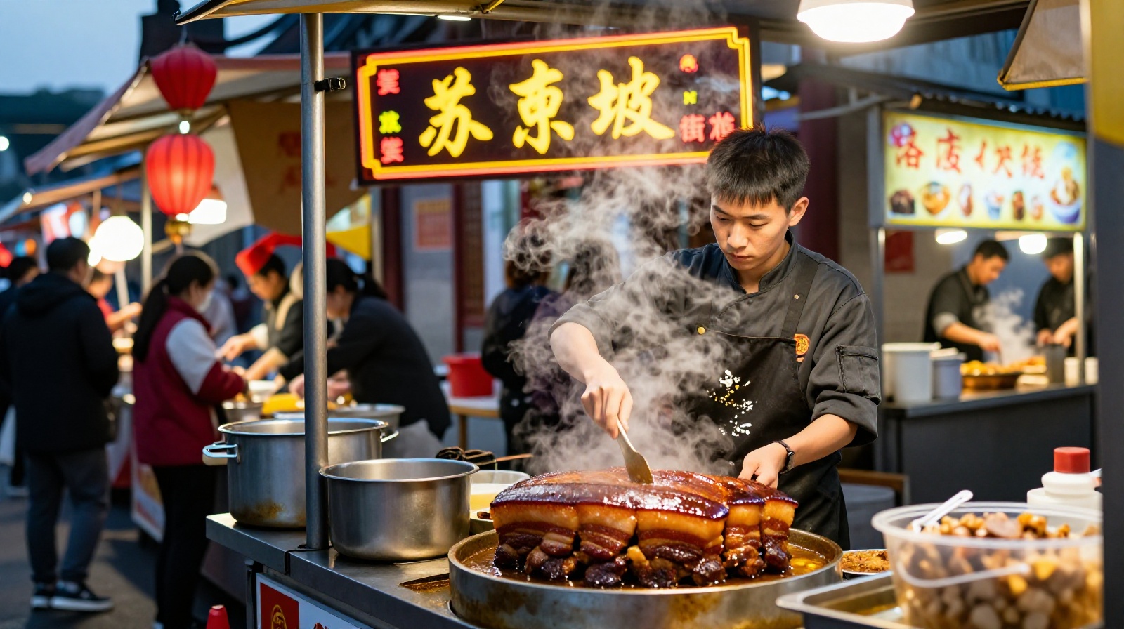 A young chef preparing Dongpo Pork at a busy night market stall in China, with traditional calligraphy visible in the background