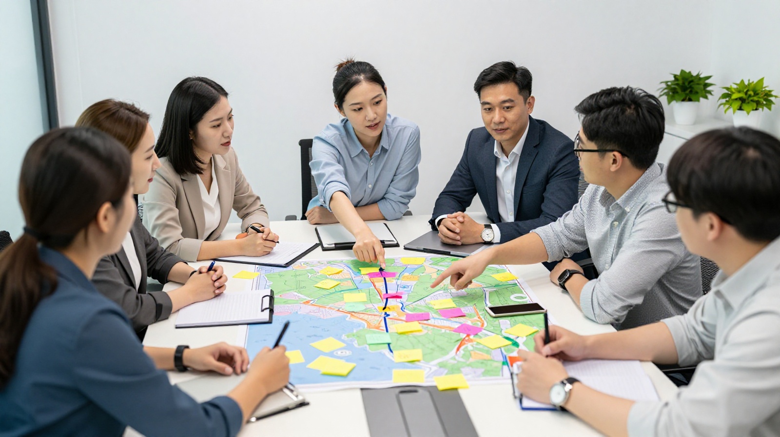Diverse team of Chinese professionals brainstorming a balanced business strategy using visual aids in a bright modern office