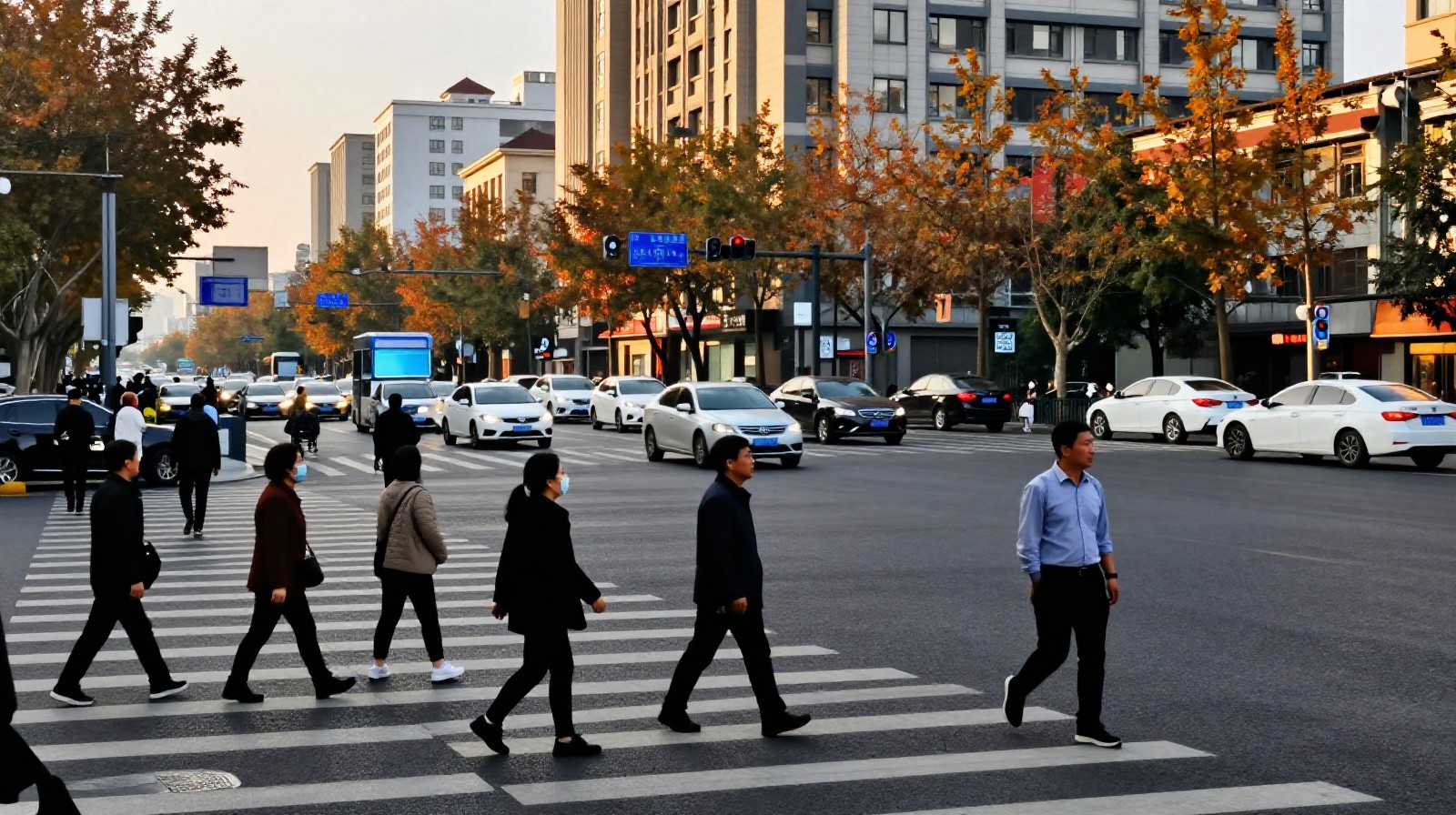 Pedestrians crossing a busy street in China demonstrating order and calmness amidst urban chaos