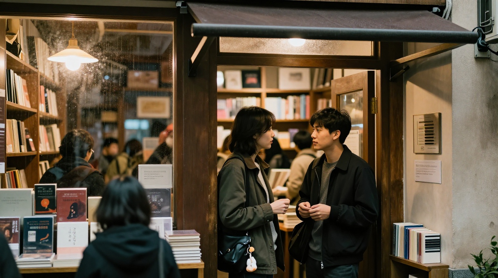 An Asian man and a Western woman meeting by chance under an umbrella in a rainy Shanghai bookstore