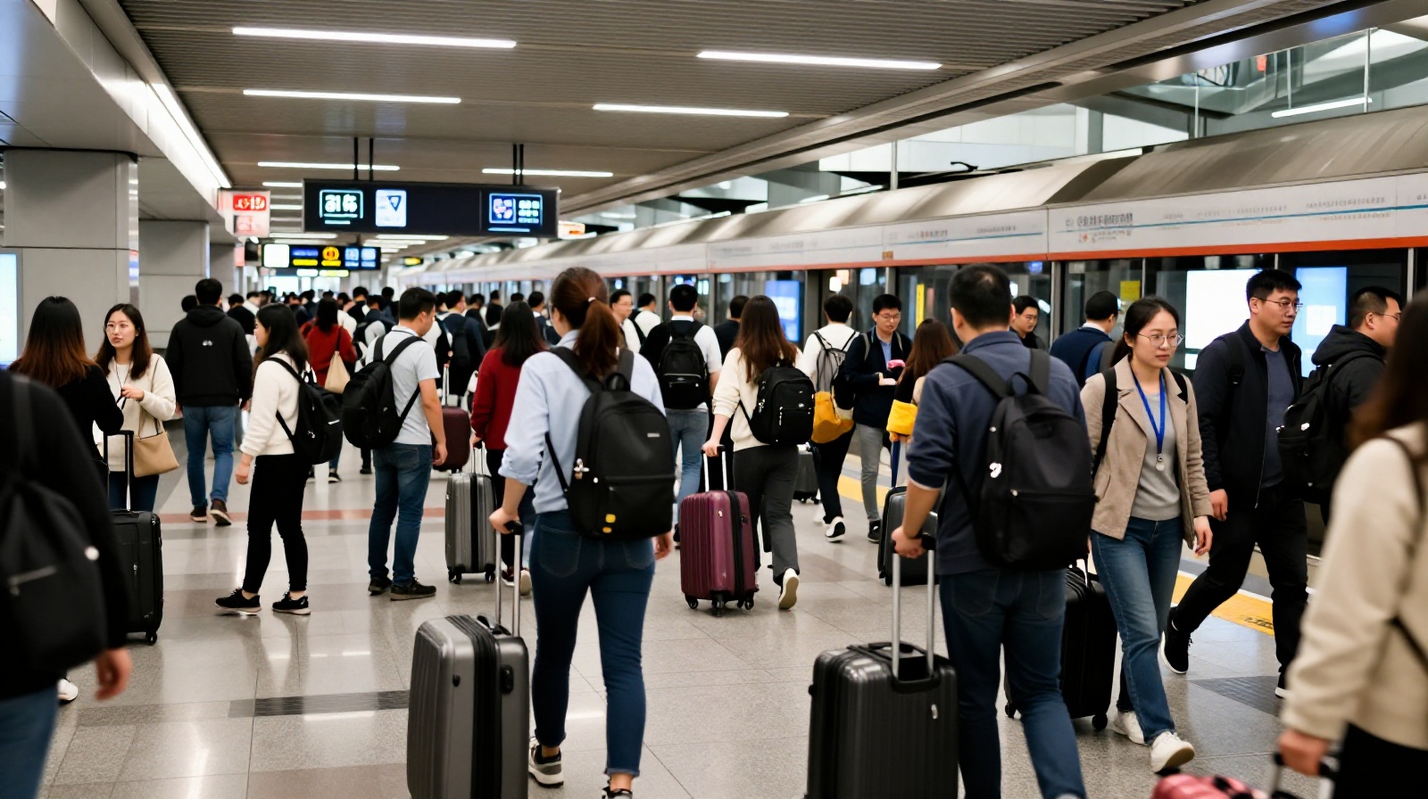Commuters on a crowded Beijing subway platform helping strangers carry bags