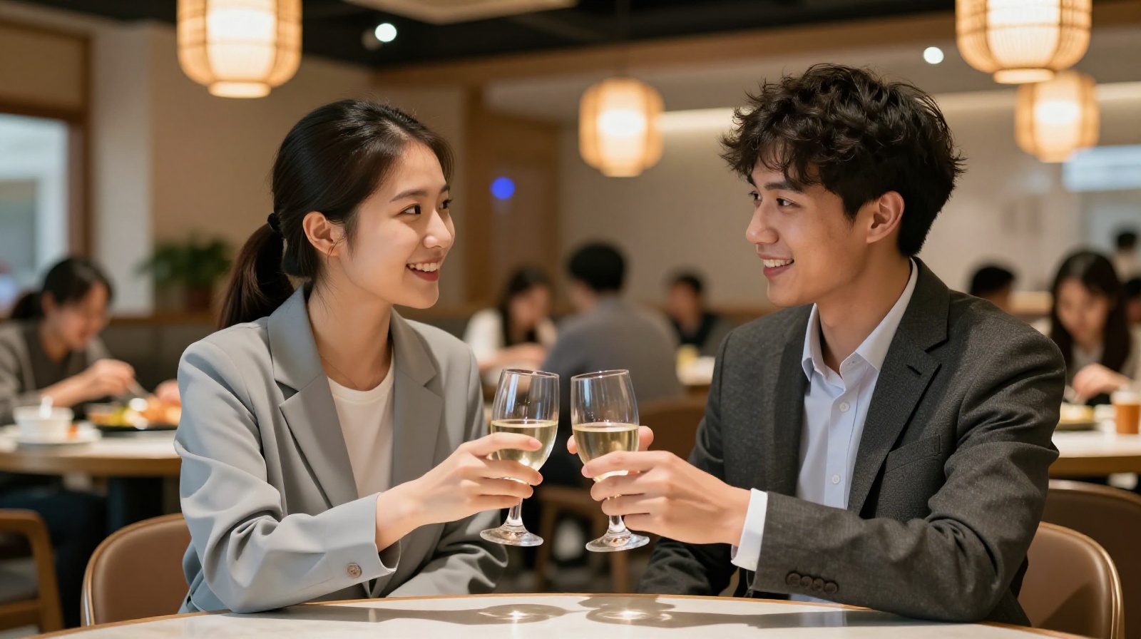 Young Chinese colleagues toasting at a dinner table discussing work and friendship