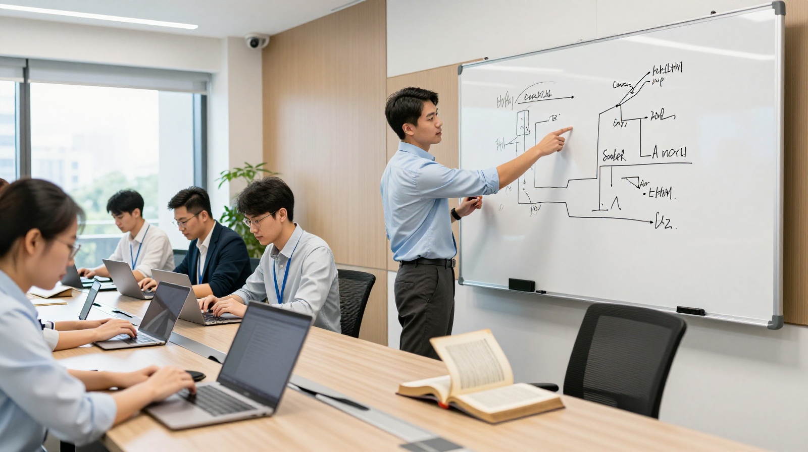 Young Chinese entrepreneur leading a team meeting in a modern Shenzhen office, referencing Confucian texts on a desk alongside digital devices