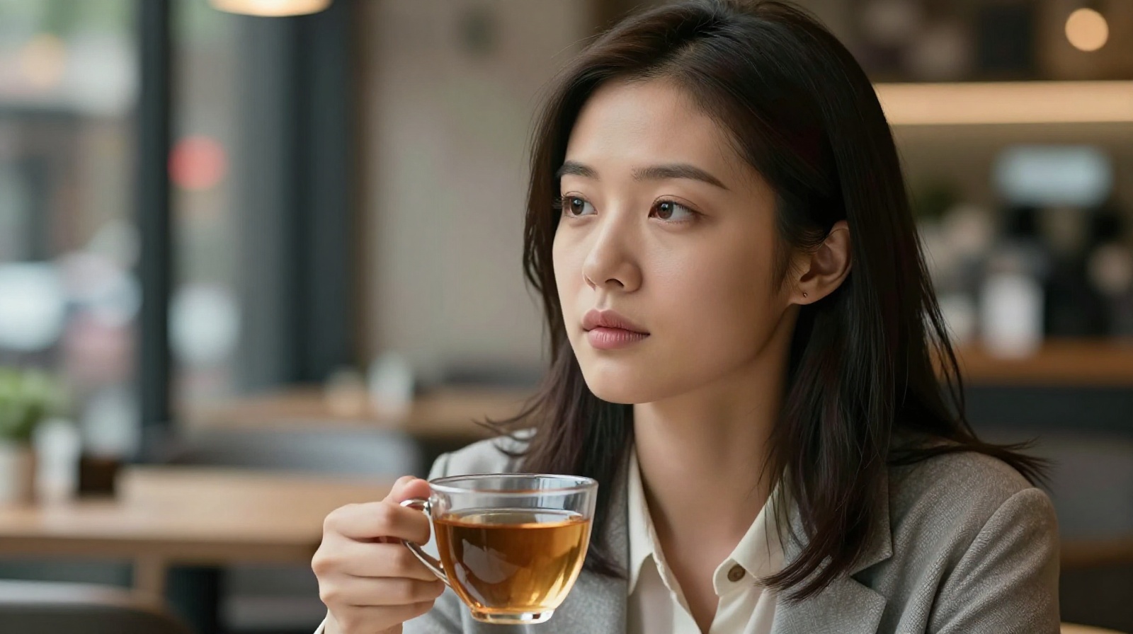 Young female Chinese startup founder reflecting on mental resilience using ancient philosophy during high-pressure times