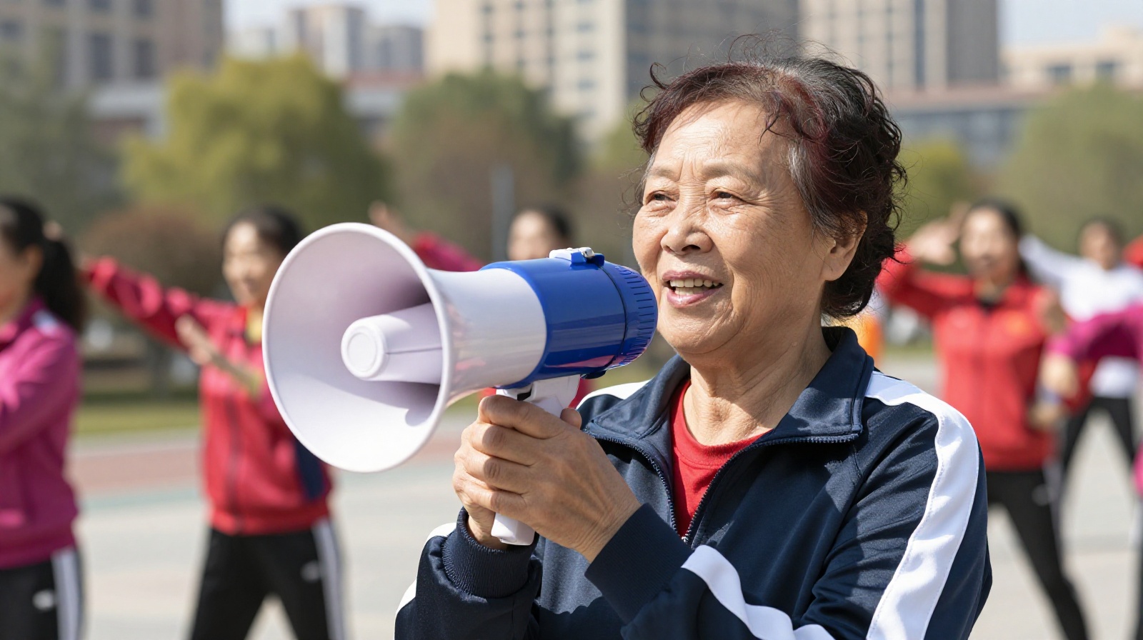 A Chinese auntie leading a neighborhood dance group with a megaphone in a public square