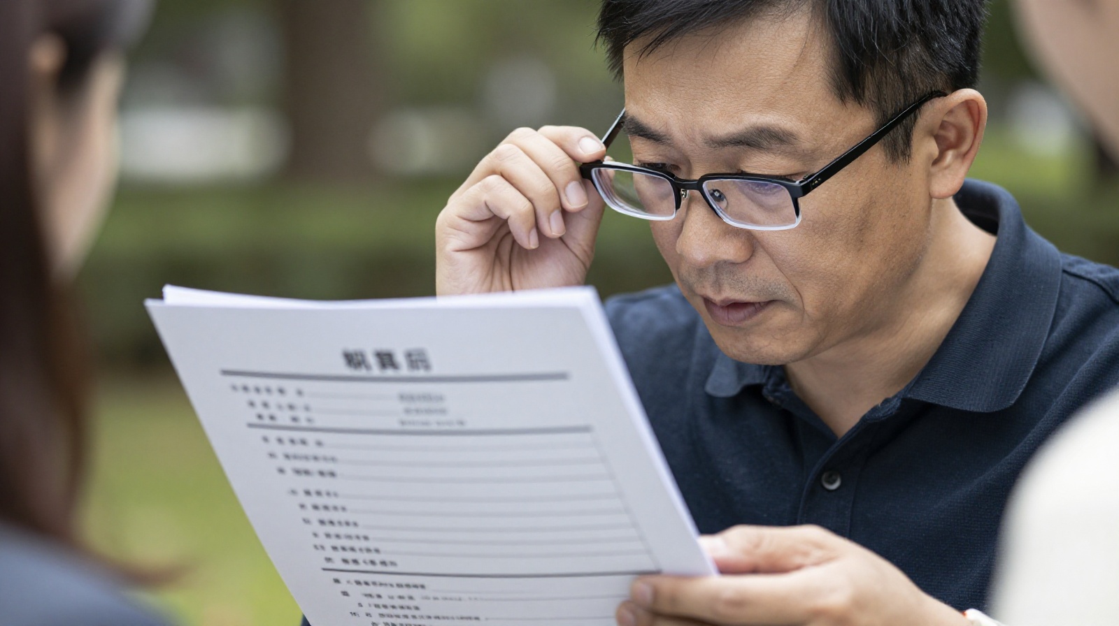 Middle-aged Chinese man closely examining a marriage resume at a park matchmaking corner on a sunny day