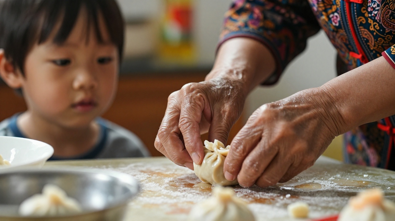 A close-up view of a Chinese grandmother cooking breakfast in her home while her grandchild watches closely at the kitchen table.