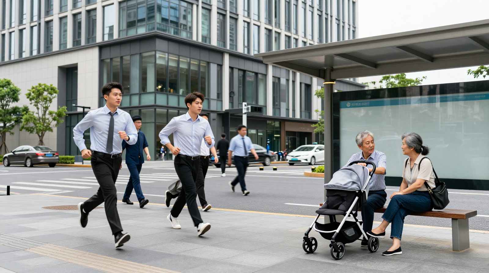 Contrast between young working parents and grandparents managing childcare duties outside a modern office district in China.