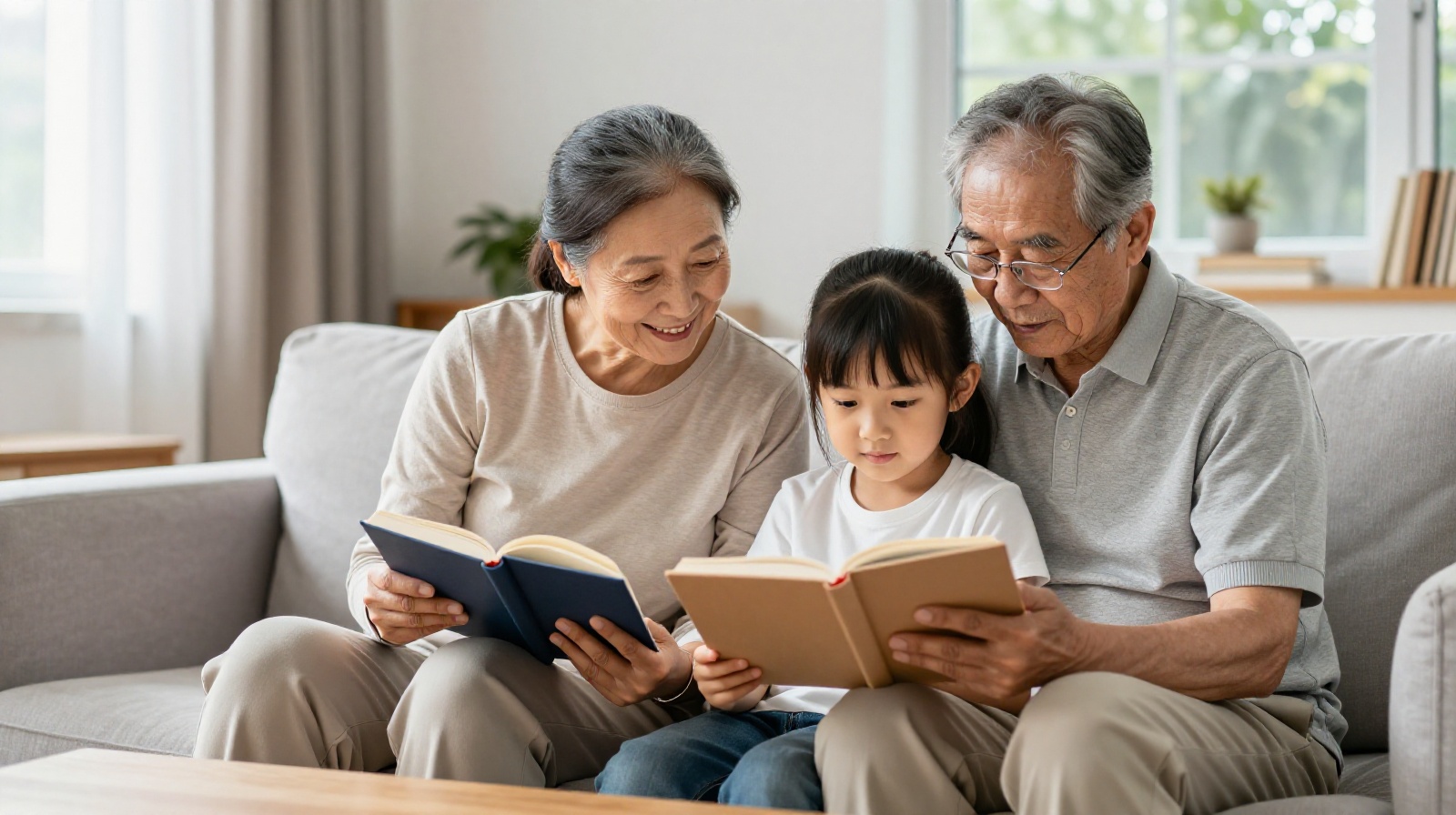 Grandparents and grandchildren sharing a quiet moment reading a book together in a cozy Chinese home.