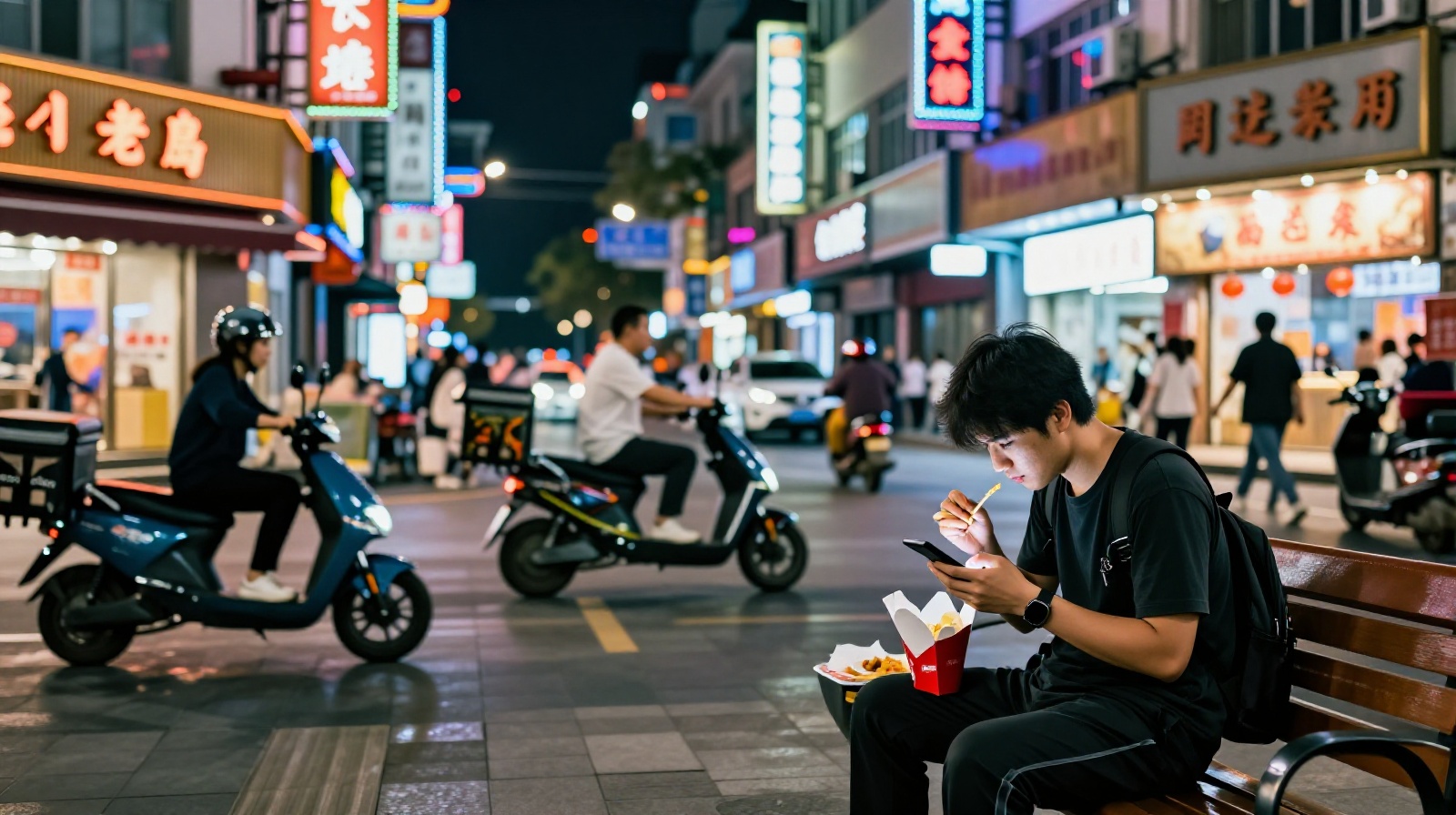 A young professional eating dinner alone on a busy Shanghai street at night, checking his smartphone for messages from family back home.