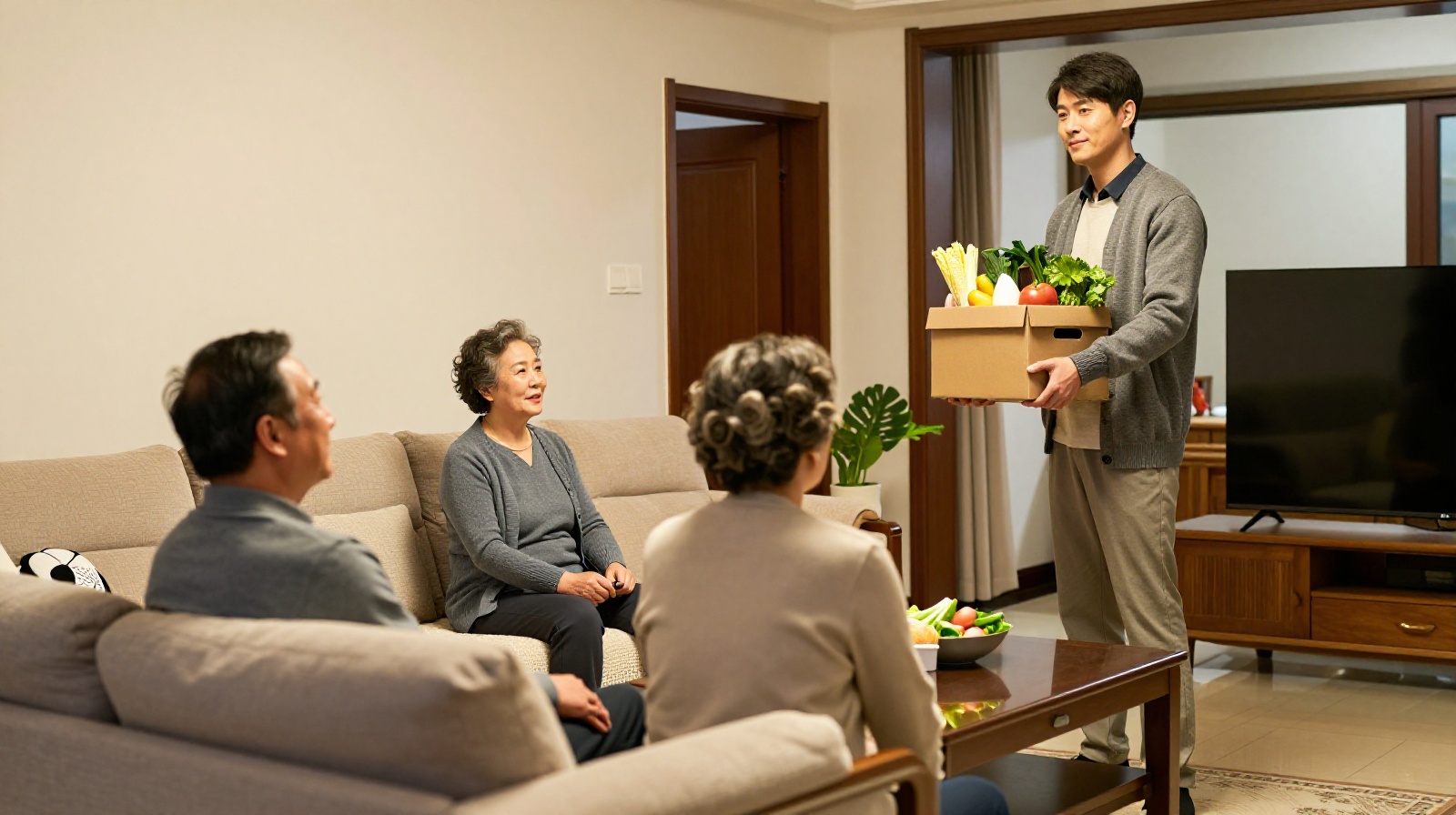 A multi-generational family gathering in a Chinese home, showing the intergenerational support system in daily life.