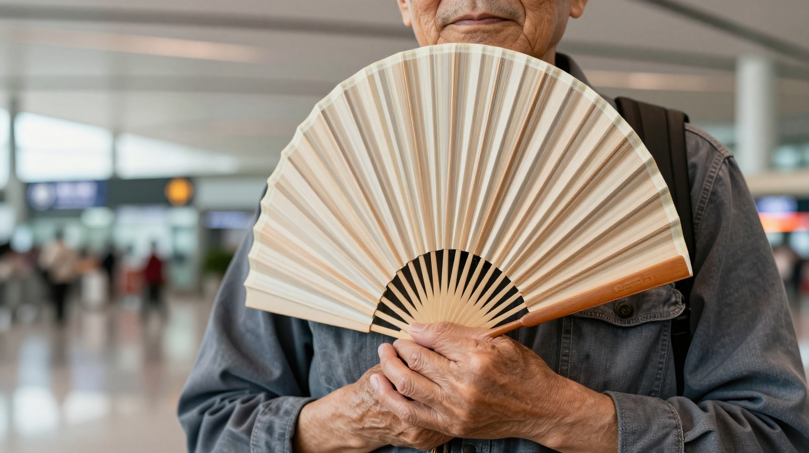 An elderly Chinese man holding a traditional paper fan at an airport, symbolizing the journey between his current life abroad and his hometown roots.