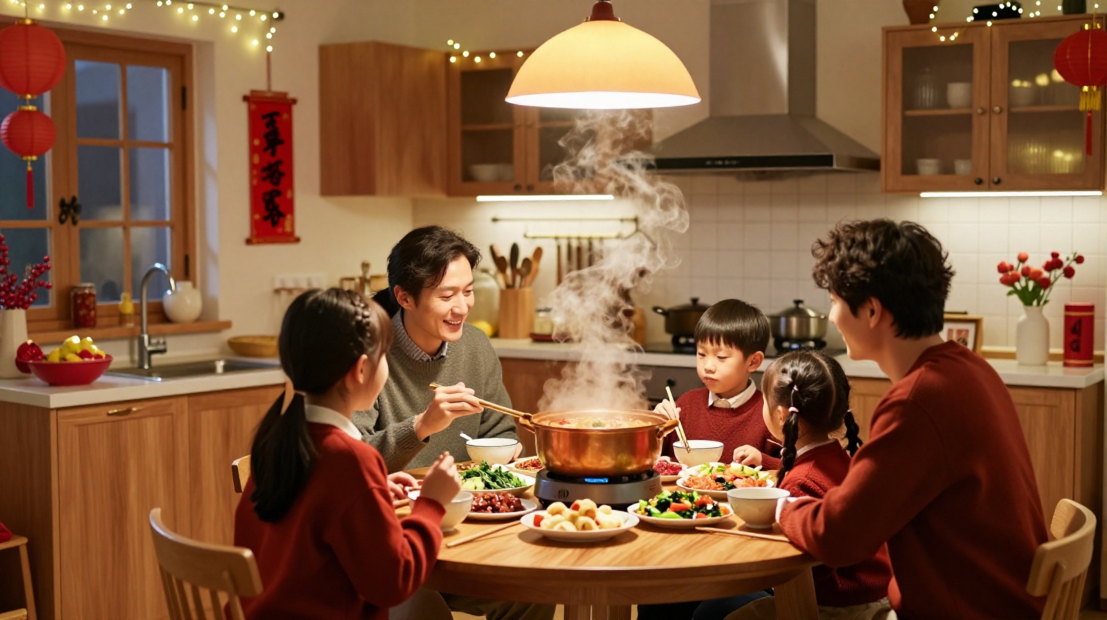 An Asian-American family celebrating Lunar New Year in their American home, sharing a hot pot meal together.
