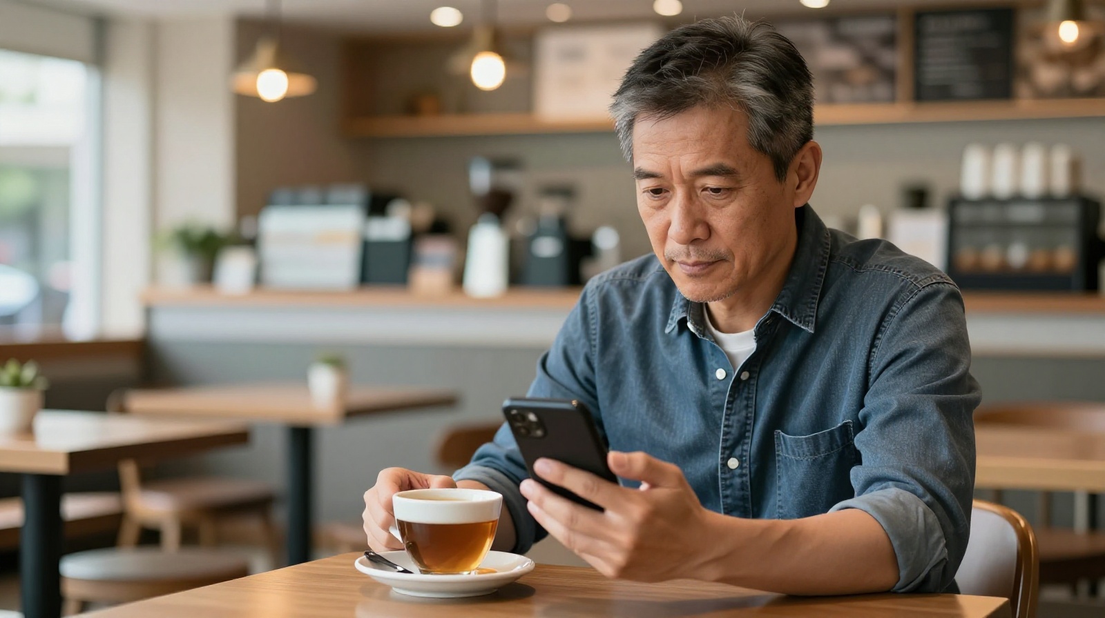A Chinese expatriate thinking about his future while visiting a cafe in Australia.