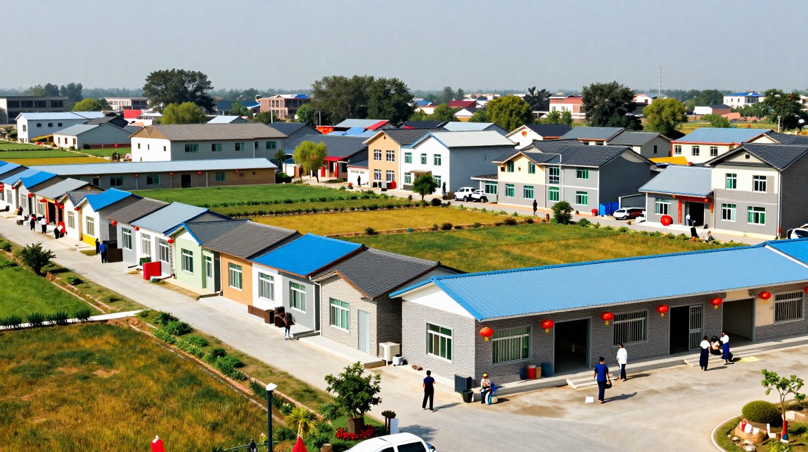 A modern rural village in China showing signs of revitalization and investment from overseas Chinese.