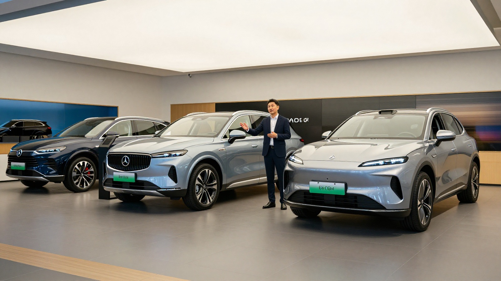 Salesperson comparing a European luxury EV with a Chinese electric vehicle in a modern showroom