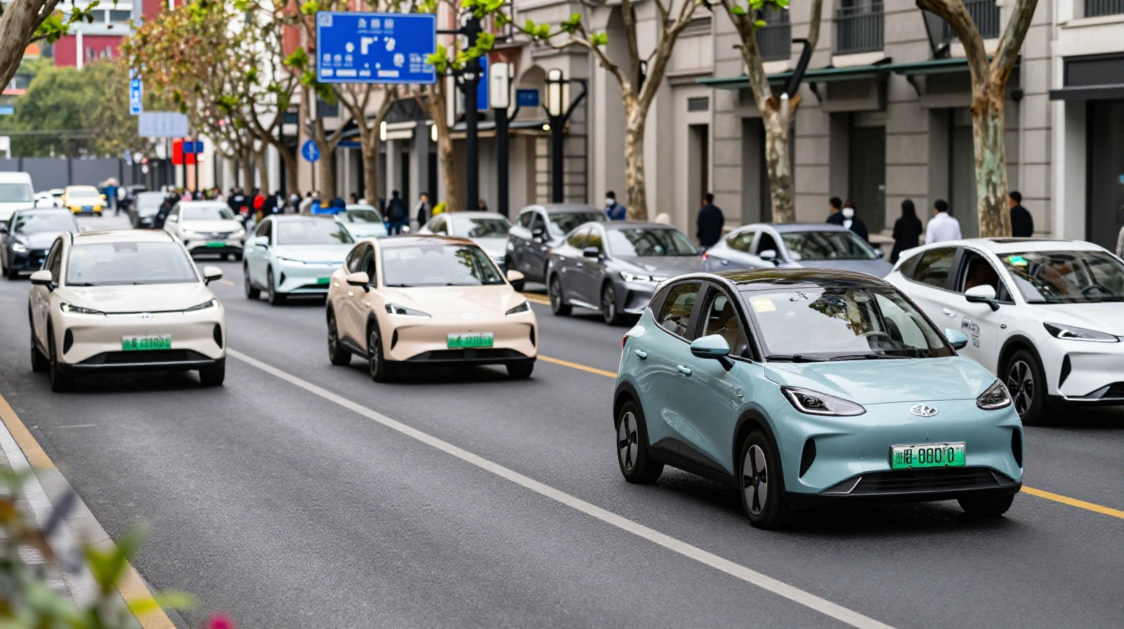 Diverse electric vehicles on a busy city street in China illustrating the rapid adoption rate