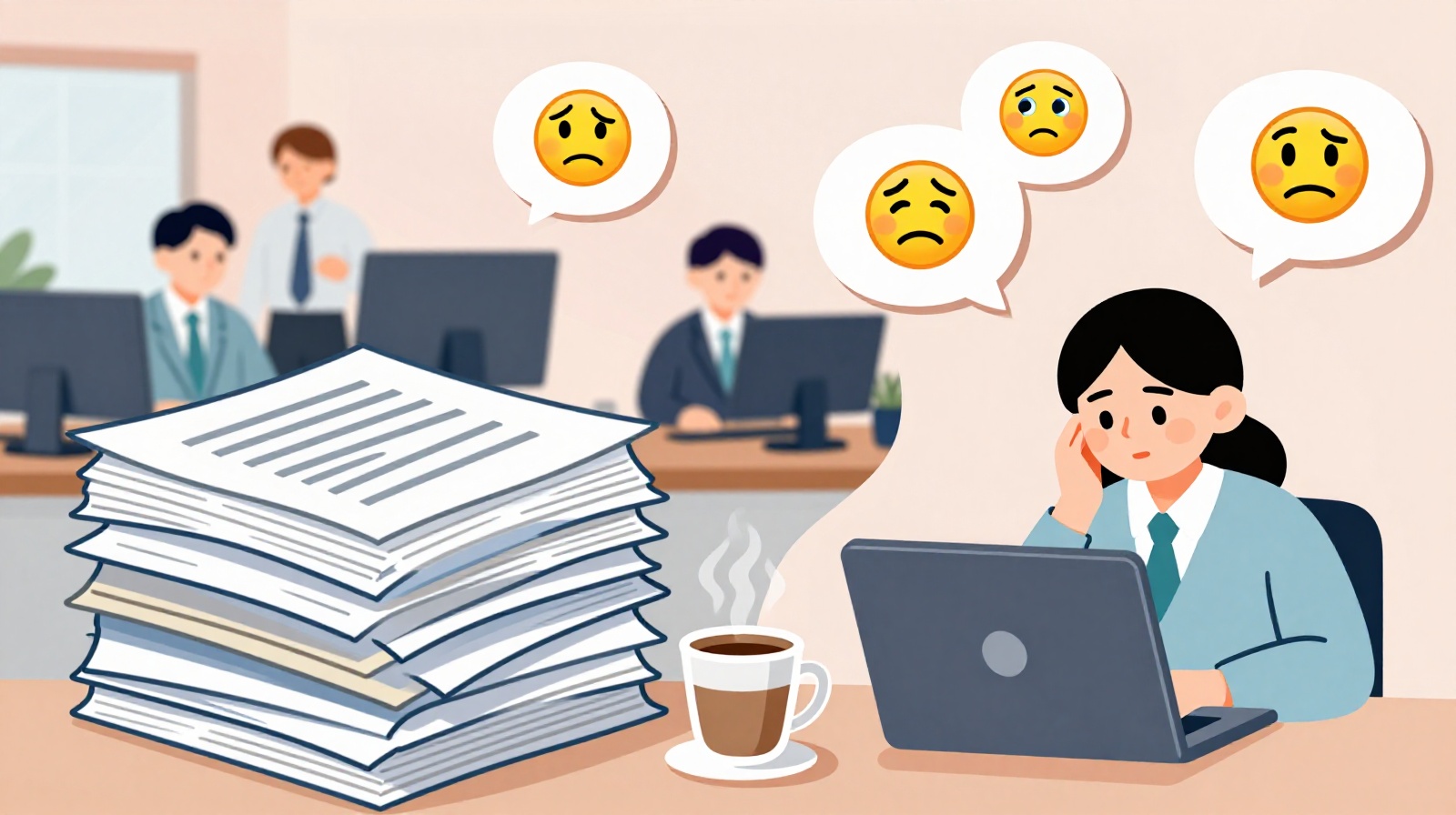 A colorful illustration representing the contrast between workplace stress and Chinese digital humor through emojis and office items