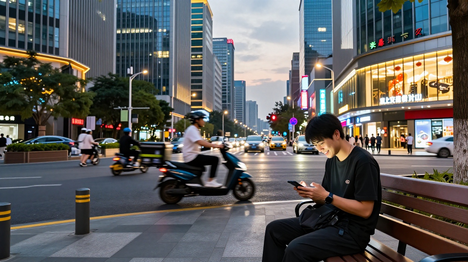 A young professional smiling at their smartphone on a city street at dusk, surrounded by the lights of modern China