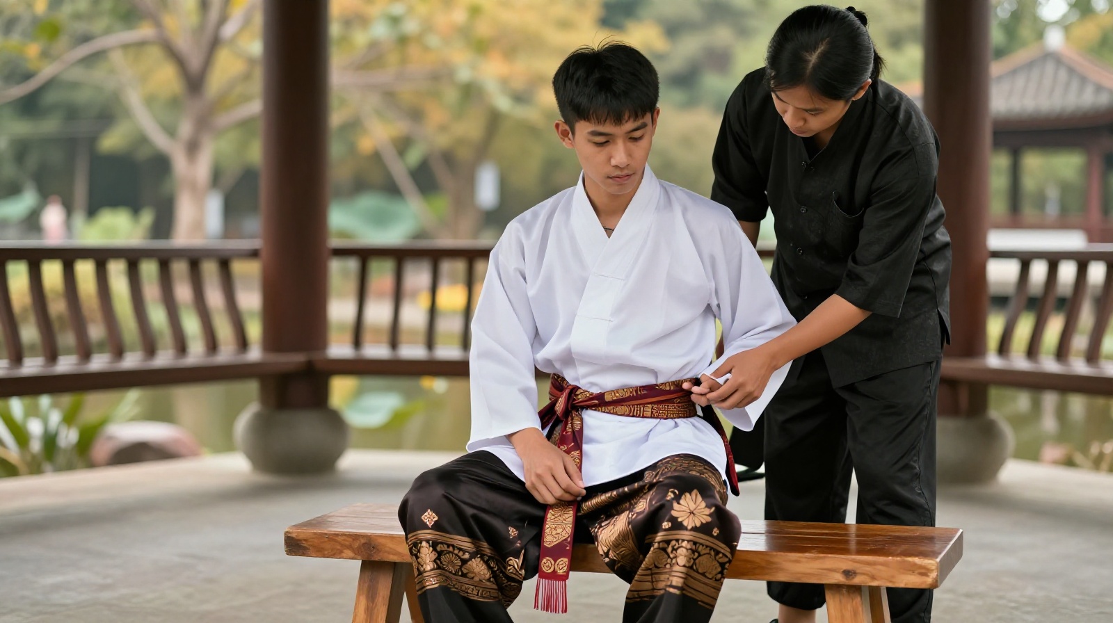 Young Chinese man getting dressed in traditional Hanfu robes with assistance from an assistant inside a temple pavilion