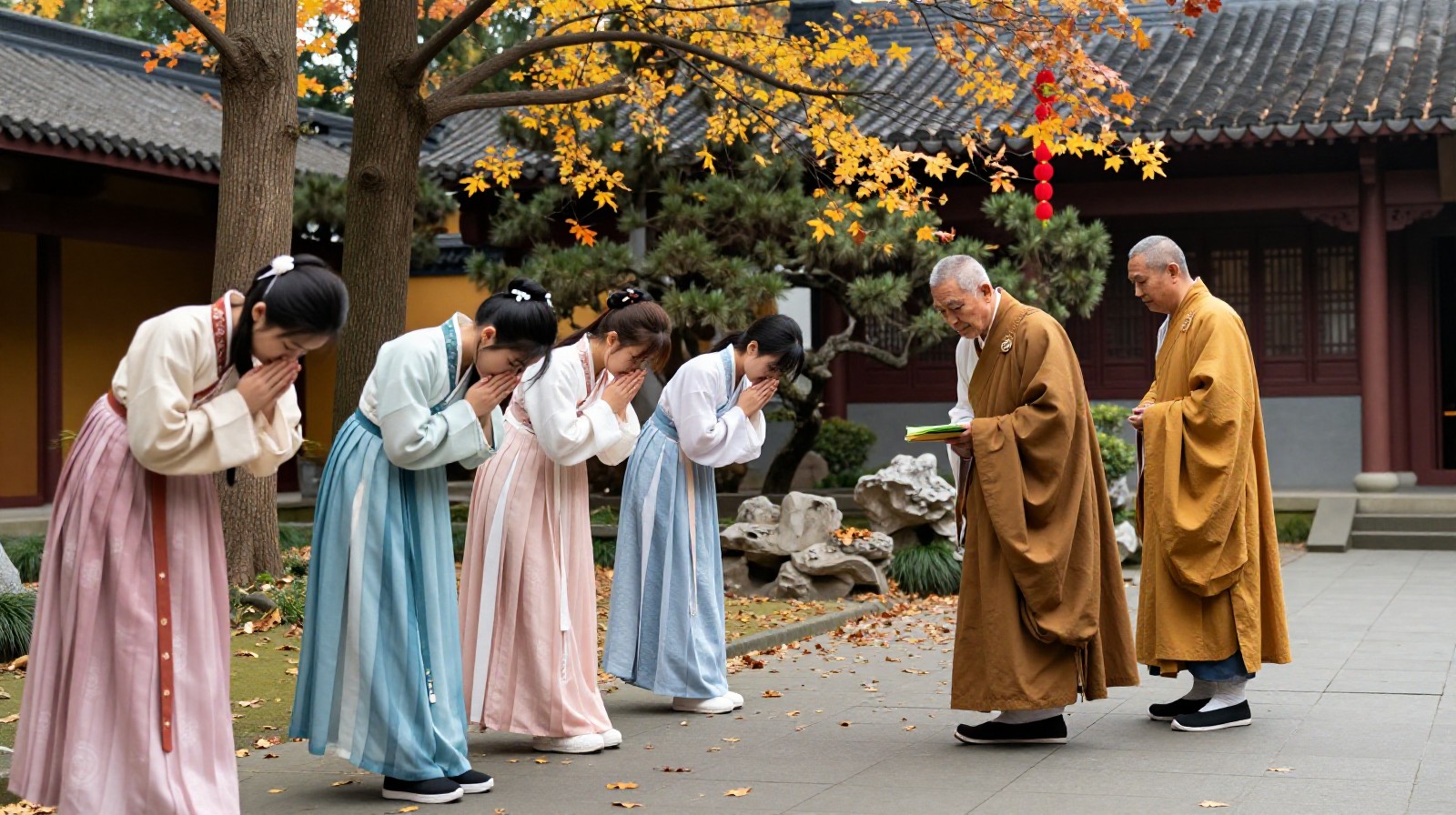 Group of Chinese youth in traditional Hanfu robes bowing to a Buddhist monk in a temple garden