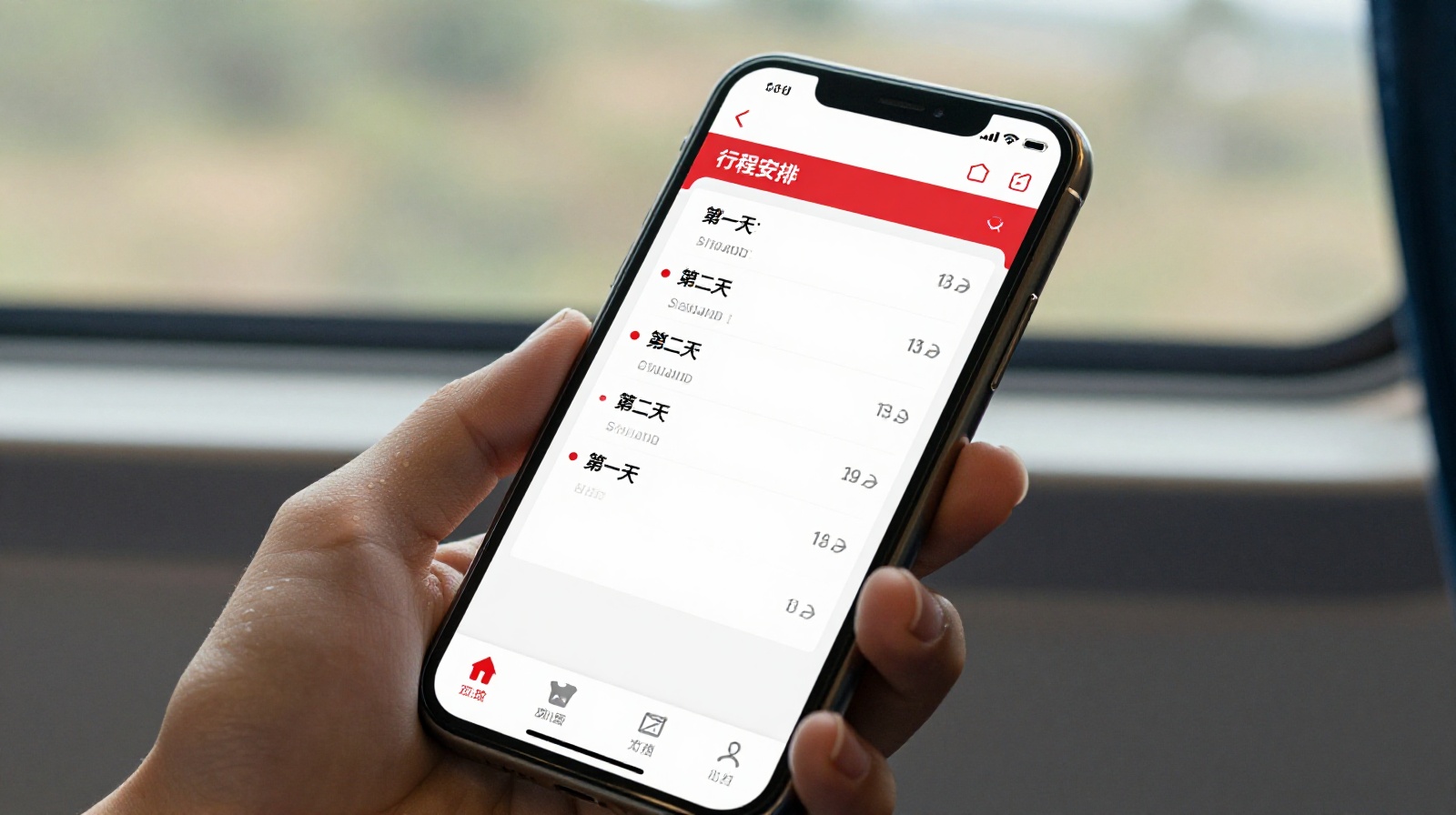 A close-up view of a Chinese college student planning their route on a smartphone app while sitting on a high-speed train.