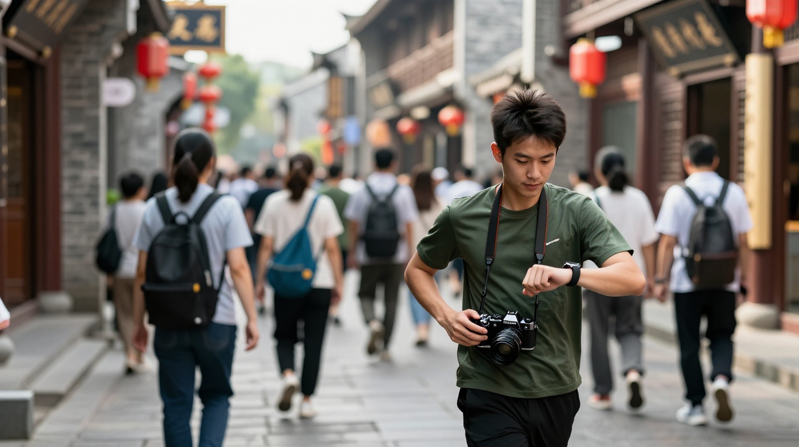 A stressed but determined university student rushing between tourist attractions during a weekend trip.