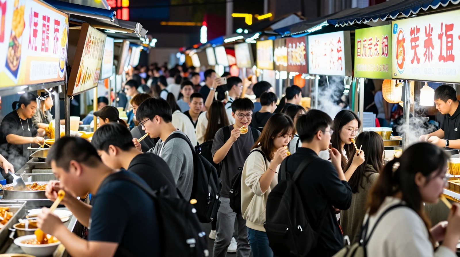 Young travelers enjoying local street food at a busy night market after a long day of sightseeing.