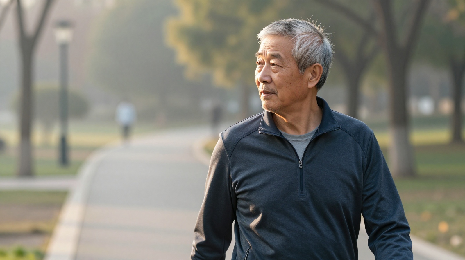 An elderly man practicing backward walking exercise in a misty Chinese park at dawn