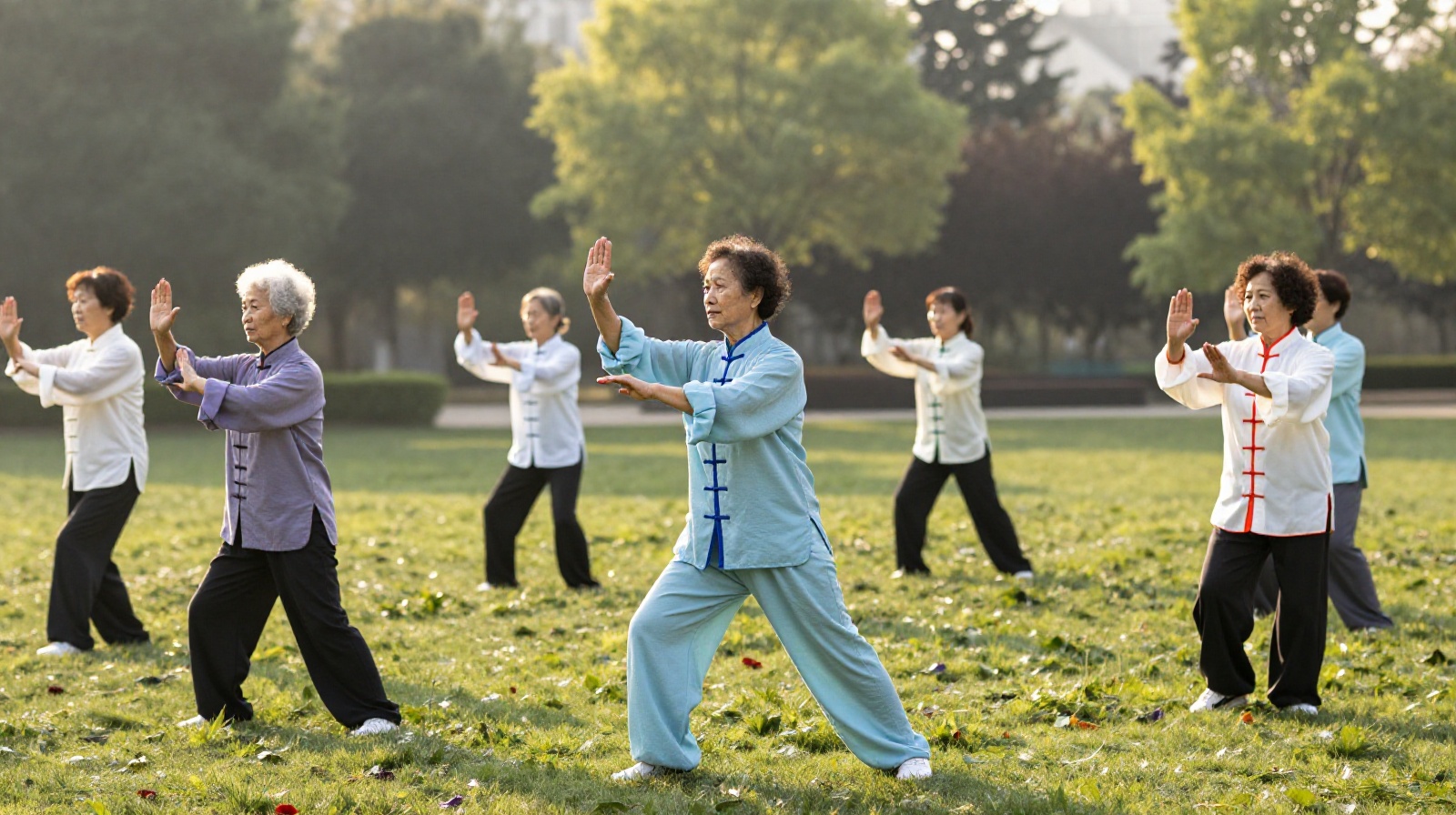 A group of senior Chinese citizens practicing synchronized Tai Chi with fans in a public park