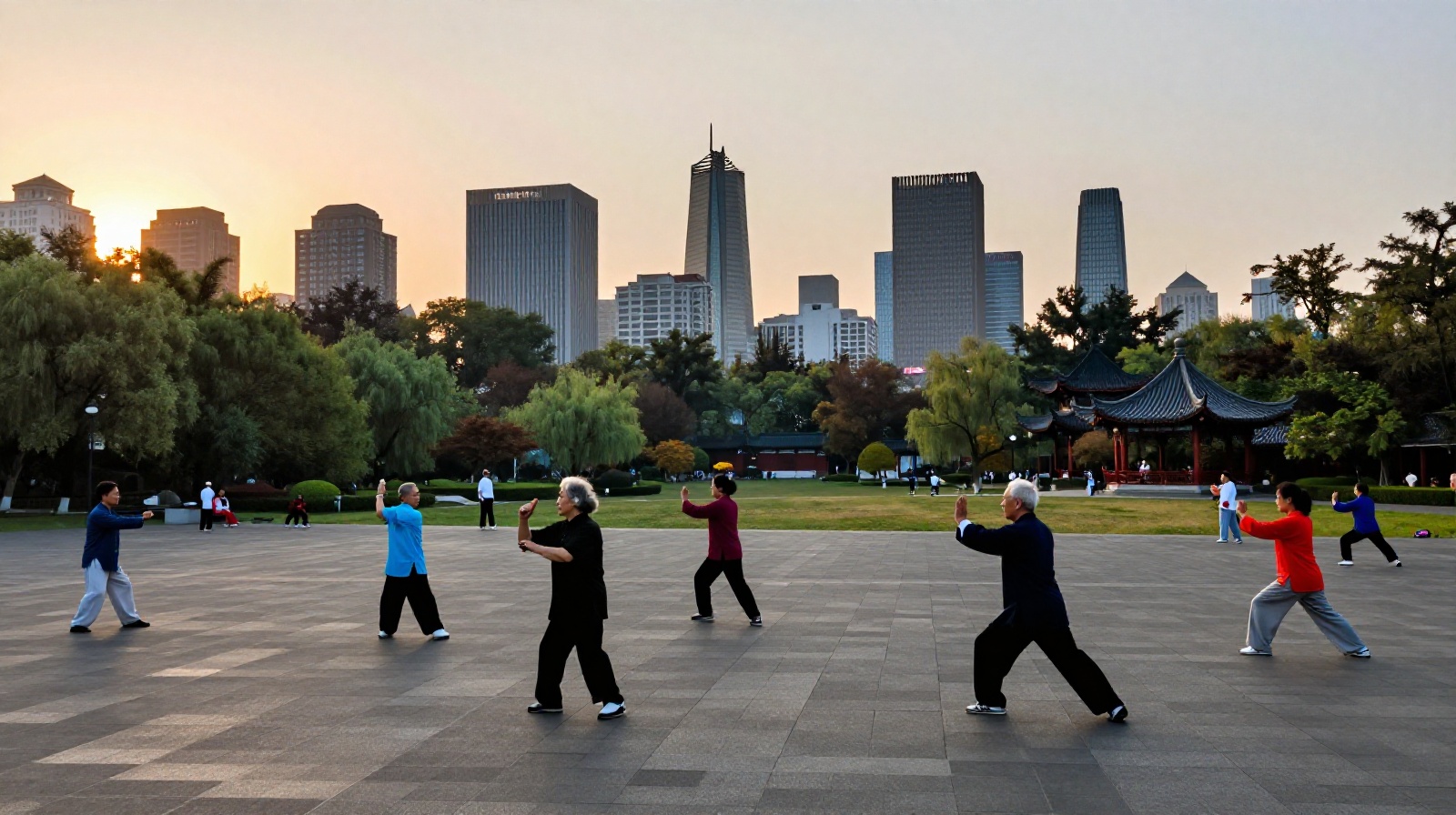 Elderly people practicing traditional Chinese martial arts in a park against the backdrop of modern city skyscrapers