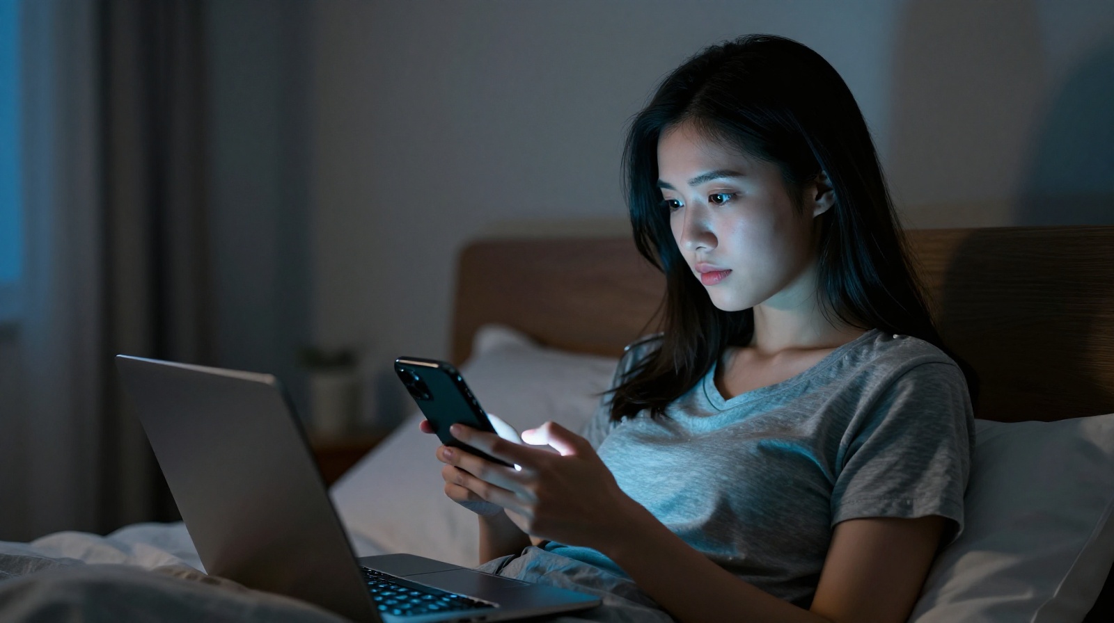 Young woman shopping on phone at 3am during Double 11