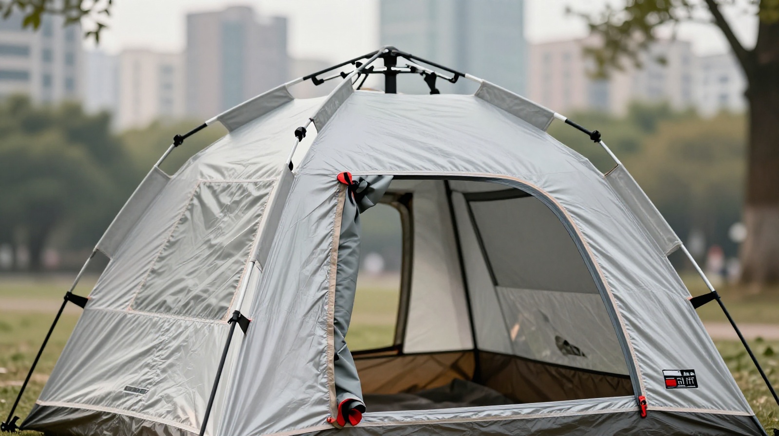 A luxury camping setup featuring a modern dome tent and portable coffee equipment in an urban park setting near Chinese skyscrapers