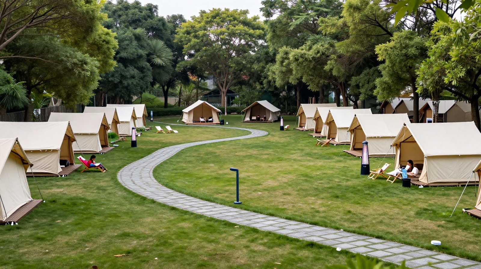 A well-maintained glamping site in China offering private amenities like showers and heating within a scenic natural environment